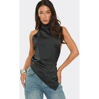EGO Women's Asymmetric Sleeveless High Neck Open Tie Back Satin Top in Dark Grey | Size: 6