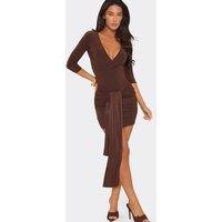 EGO Women's Long Sleeve Tie Slinky Mini Dress in Chocolate | Size: 6