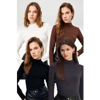 Bipantolon Women's 4-Pack Slim Fit Turtleneck Bodysuits in Dark Brown | Size: 2XL