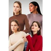 Bipantolon Women's 4-Pack Thumbhole Half Turtleneck Tops in Beige | Size: Small
