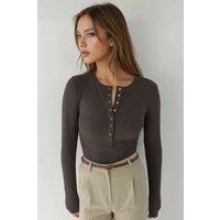 Hiccup Women's Ribbed Snap Button Knitted Top in Dark Brown | Size: XS