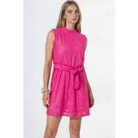 MSN Collection Women's Belted High Neck Lace Mini Dress in Bright Pink | Size: Small