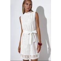 MSN Collection Women's Belted High Neck Lace Mini Dress in White | Size: Small