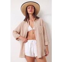 Happiness Istanbul Women's Oversized Textured Cotton Shirt with Pocket in Stone | Size: Medium