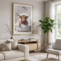 HOME LUXE INTERIOR Home Luxe Highland Cow Bubble Bath Glitter Wall Art 50x70cm Framed Art | Size: 50x70 cm