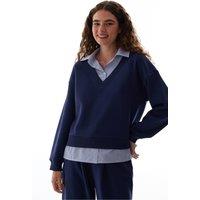 Penti Women's Shirt Layered Polo Collar Sweatshirt in Navy | Size: XS