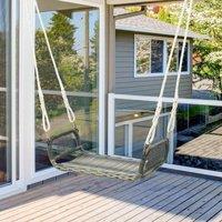 CASART Patio Backless Rattan Swing Bench with Hanging Ropes in Brown
