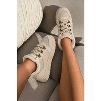 Love Lemonade Women's Hudson Comfort Faux Suede Check Lace Faux Fur Lined Trainers in Nude | Size: 4