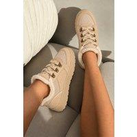 Love Lemonade Women's Hudson Comfort Faux Suede Check Lace Faux Fur Lined Trainers in Light Brown | Size: 4