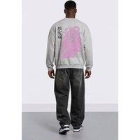 LONDON ATTITUDE Men's Oversized Heavyweight Japanese Dragon & Floral Graphic Sweatshirt in Light Grey | Size: XL
