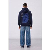 LONDON ATTITUDE Men's Oversized Heavyweight Japanese Dragon Graphic Hoodie in Navy | Size: Small