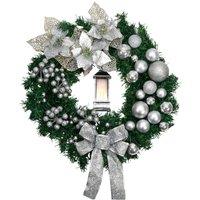 Globrite 40cm Christmas Wreath with Bows, Baubles & Lantern - Silver