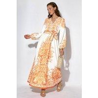 MSN Collection Women's Paisley A-line Maxi Dress With Tie Belt in White | Size: Small