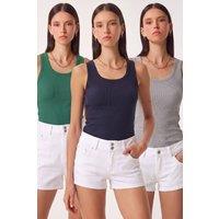 Happiness Istanbul Women's 3-Pack Ribbed Cotton Cami Tops in Navy | Size: Large