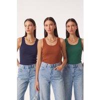 Happiness Istanbul Women's 3-Pack Ribbed Cotton Cami Tops in Emerald | Size: Small