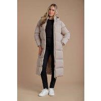 French Connection Women's Longline Quilted Puffer Jacket with Hood in Taupe | Size: Small
