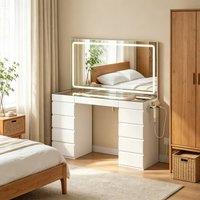 Matteo Women's Large 11-Drawer LED Mirror Vanity Desk in White