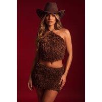 Rebellious Fashion Women's Aisha Shaggy Textured Halterneck Top & Mini Skirt Co-ord Set in Chocolate | Size: 12