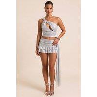 Rebellious Fashion Women's Jada Metallic Asymmetric Draped Ruffle Skirt Co-ord Set in Silver | Size: 6