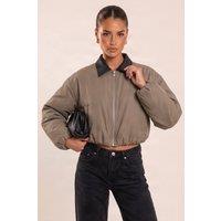 Rebellious Fashion Women's Ashira Contrast Collar Cropped Puffer Jacket in Khaki | Size: 12