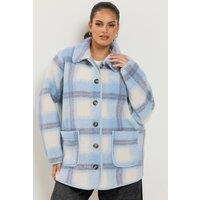 Yours Women's Checked Teddy Borg Fleece Jacket in Light Blue | Size: 30-32