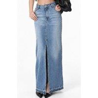 Squalo Women's Cotton Denim Maxi Skirt with Front Slit in Mid Blue | Size: Small