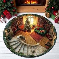 YnysTec Circle Round Rug Christmas 3D Printed Illusion Carpet Anti Slip Mat in Dark Green | Size: 60 cm x 65 cm