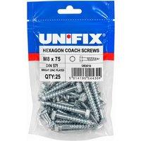 Unifix Coach Screws Hexagon Head M8 x 75 Bag of 25 - Box of 125 in Silver