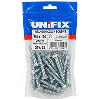 Unifix Coach Screws Hexagon Head DIN 571 BZP M8 x 100 Bag of 25 - Box of 125 in Silver