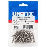 Unifix A2-304 St/St General Purpose Chippy Woodscrews 4.0 x 40mm Pack of 25 in Silver