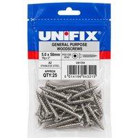 Unifix A2-304 St/St General Purpose Chippy Woodscrews 5.0 x 50mm in Silver