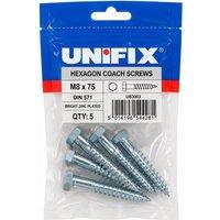 Unifix Coach Screws Hexagon Head DIN 571 BZP M8 x 75 Pack of 5 - Box of 25 in Silver