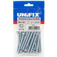 Unifix Coach Screws Hexagon Head M8 x 150 - Box of 25 in Silver