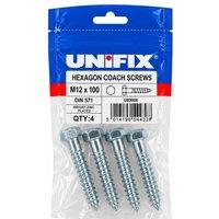 Unifix Coach Screws Hexagon Head DIN 571 BZP M12 x 100 Pack of 4 - Box of 20 in Silver