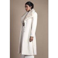 Coast Women's Petite Ivory Faux Fur Collar Occasion Belted Midi Coat | Size: 6