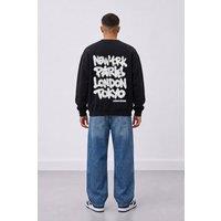 LONDON ATTITUDE Men's Oversized Heavyweight City Graffiti Sweatshirt in Black | Size: Medium