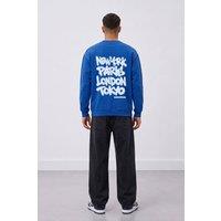 LONDON ATTITUDE Men's Oversized Heavyweight City Graffiti Sweatshirt in Royal | Size: Small