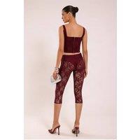Rebellious Fashion Women's Cammie Lace Corset & Capri Pants Co-ord Set in Wine | Size: 12