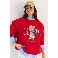 Bianco Lucci Women's Relaxed Fit Printed Crew Neck Sweatshirt in Red | Size: Medium