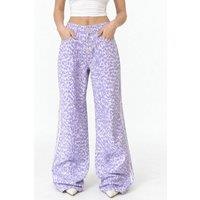Squalo Women's High Waist Wide Leg Leopard Trousers in Lavender | Size: XS