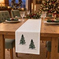 Voltico Christmas Tree Embroidered Table Runner 35 x 180cm in White | Size: 35 x 180 cm