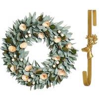Dibor 35cm Crocus & Berry Christmas Wreath with Deer Wreath Hanger in Green