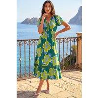 Roman Women's Floral Print Lace Trim Midi Dress in Green | Size: 12