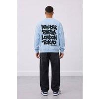 LONDON ATTITUDE Men's Oversized City Graffiti Graphic Sweatshirt in Light Blue | Size: XL