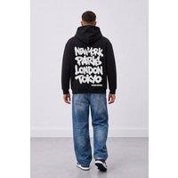 LONDON ATTITUDE Men's Oversized Heavyweight City Graffiti Hoodie in Black | Size: 2XL
