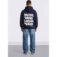 LONDON ATTITUDE Men's Oversized Heavyweight City Graffiti Hoodie in Navy | Size: 3XL