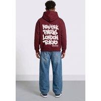 LONDON ATTITUDE Men's Oversized Heavyweight City Graffiti Hoodie in Burgundy | Size: Small