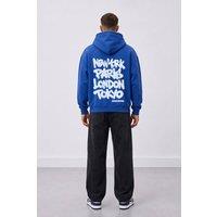 LONDON ATTITUDE Men's Oversized Heavyweight City Graffiti Hoodie in Royal | Size: 2XL