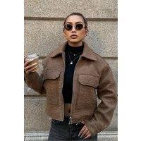 OUTTA BOX Women's Camel Brown Textured Zip-Up Jacket with Collared Neck | Size: Small