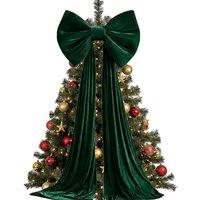 YnysTec Large Velvet Christmas Bow, Long Streamers Christmas Tree Topper Bow in Green | Size: Medium